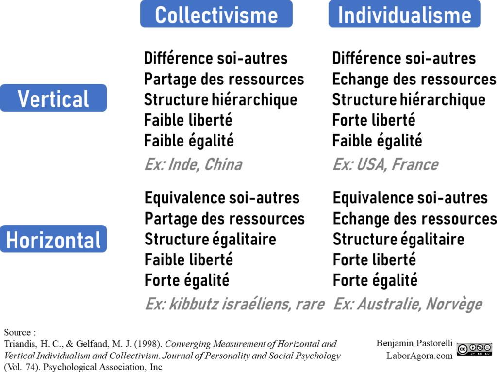 Harry Triandis propose quatre grands syndromes culturels, en fonction que la culture est plutôt individualiste ou collectiviste, verticale ou horizontale.